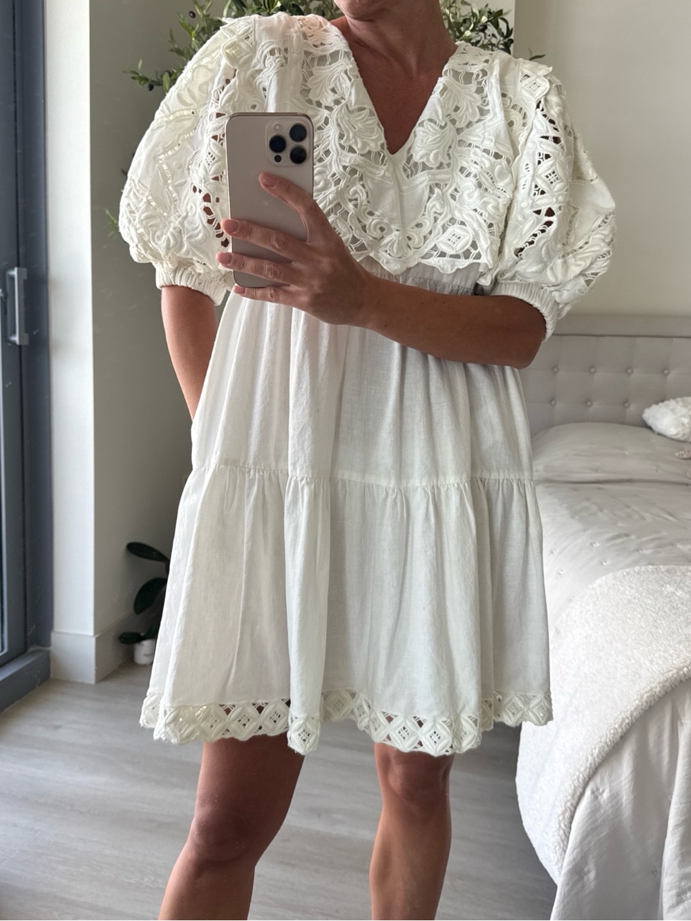 Sea White Eyelet Puff Sleeve Mini Dress